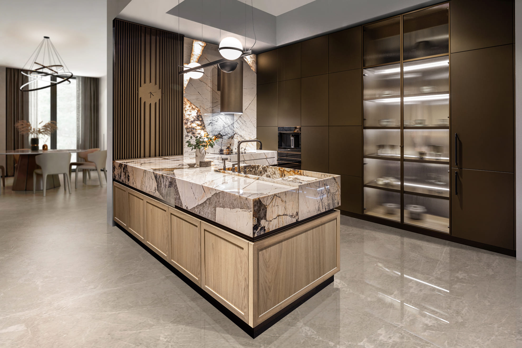 nowoczesna kuchnia z wyspą marmurową i szafkami drewnianymi